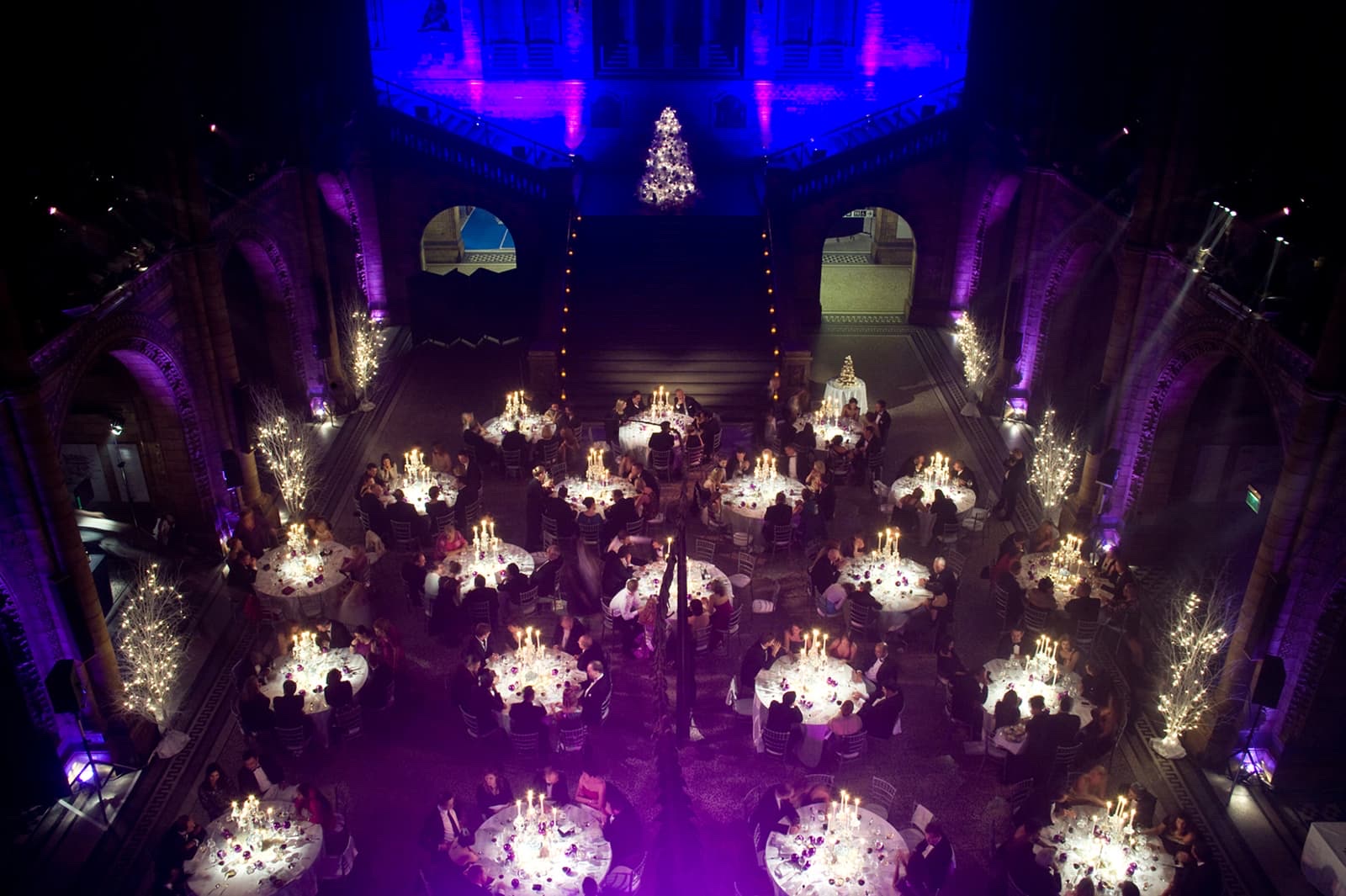 A grand room set for a seated dinner under purple light, seen from above